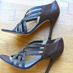 Stuart Weitzman Strappy Brown Leather Studs Grommets High Heels Sandals 7.5M